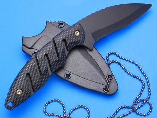 overall. 3 black coated part. serrated stainless blade. Black