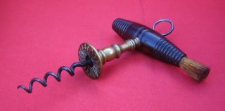 ANTIQUE HENSHALL BUTTON TYPE CORKSCREW. BRASS SHAFT & WOOD HANDLE WITH