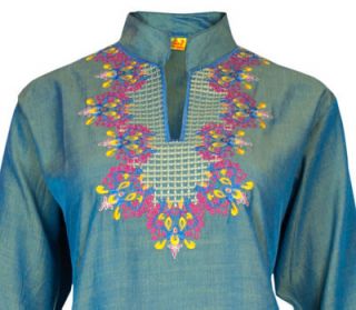 Ladies Indian Embroidered Long Sleeve  BLUE Multi Color Collar Kurta