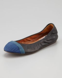 Grosgrain Cap Toe Leather Ballerina Flat, Black/Blue