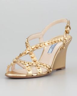 Studded Open Toe Strappy Wedge, Platinum