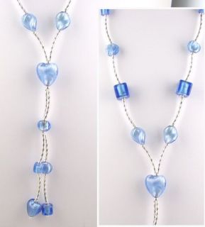 Blue Silver Tone Heart Bead Y Necklace