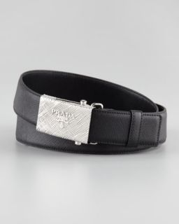 Prada Printed Buckle Saffiano Leather Belt, Black   