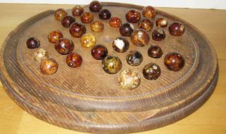  Victorian Wooden Round Marble Board w 32 Bennington Marbles