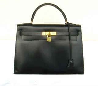 Hermes Kelly Bag 32 Box Calf Black Beautiful Condition H1