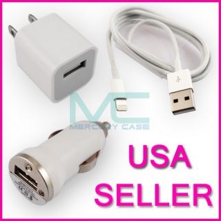 USB AC Wall Home + Car Charger + 8pin Data Cab For iPhone 5 iPod touch