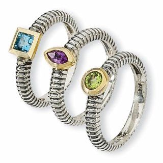 Sterling Silver and 14k .92ctw Multi Gemstone 3 Stackable Rings