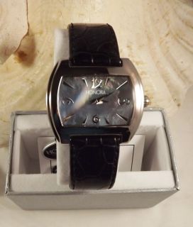 Honora Blue Mother of Pearl East West Watch with Black Leather Strap