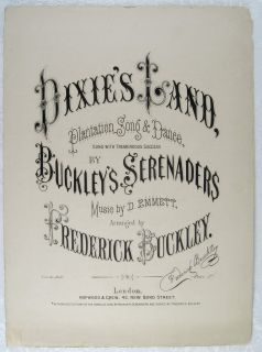 RARE Dixies Land Sheet Music Buckleys Serenaders London C1850S