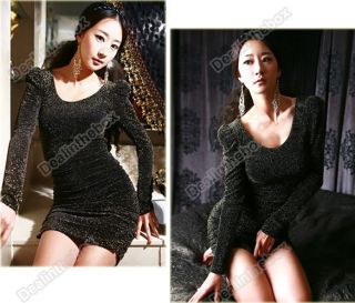 Fashion Korea Women Sexy Sparkling Puff Long Sleeve Mini Dress