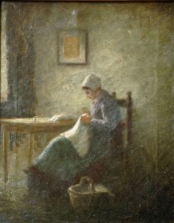 Dutch artist Herman de Hoven, 19th century oil, woman sewing at table