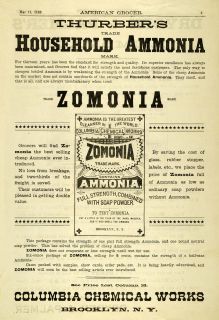 1889 Ad Thurber Ammonia Zomonia Columbia Chemical Soap   ORIGINAL