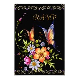 RSVP Black Yellow Blue White Floral Response Card Personalized Invites