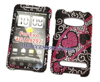  HTC Evo 4G Pink Hearts Rhinestones Crystal Bling Cell Phone Case Cover