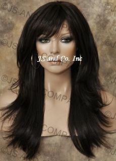 Human Hair Blend Heat Safe Fiber Straight Layered Wig in Dark Brown