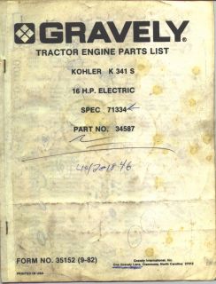 Gravely Tractor Engine Parts List for Kohler K 341 S
