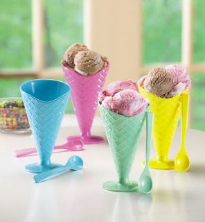 New Set of 4 Waffle Cone Ice Cream Sundae Cups Multi Color with Spoons