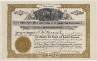 1905 Stock Spanish Bar Mining Leasing Co Idaho Springs Colorado