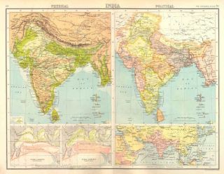 India Physical Political etc 1898 Old Antique Map