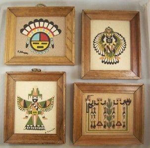 Navajo Indian Sand Paintings Signed Zuni Southwest 4 PC