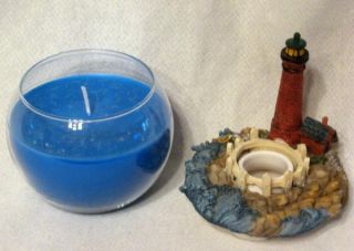 Lighthouse Beach Ocean Picket Fence Candle Topper Blue Rocks Boat