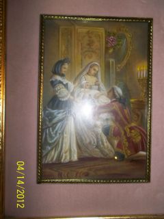 ANTIQUE VICTORIAN FRENCH INTERIOR PAINTING MAN, WOMEN & CHILD SIGNED