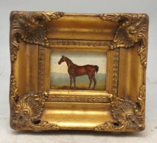 Miniature Oil Painting of a Horse in a Solid Wood Gilt Frame   Hand