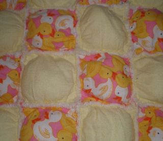 Biscuit Puff Cotton Rag Quilt w Yellow Flannel Yellow White Ducks on