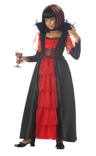  and red gown dress with high black lacy collar wine glass and costume