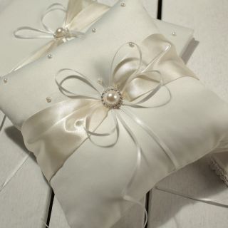 GB24C Ivory Ribbon Pearl Wedding Ceremony Satin Ring Bearer Pillow