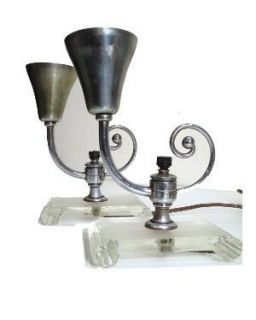 Pair Art Deco Nouveau Torch Glass Vanity Table Lamps