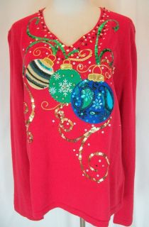  QUICK V Neck Sequined Christmas Sweater Ugly X Mas Red Holiday L S L