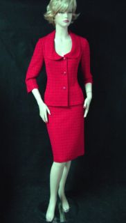 1990 St John Venetian Red Knit Skirt Suit 6 Crystal Buttons