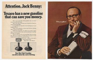 1968 Jack Benny Photo Texaco Sky Chief Gasoline Saves Money 2 Page Ad