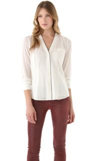 DKNY V Neck Blouse with Contrast Piping
