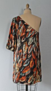 So Luxe Silk Feather Print Jaloux Anthropologie Single Shoulder Dress