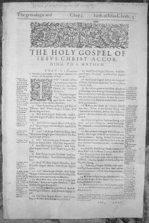 1607 Geneva Folio Roman Letter Bible Leaf Title to Matthew Woodcuts