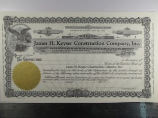 James H Keyser Constuction Nevada Stock Certificate