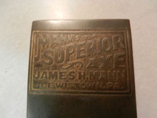 MANNs SUPERIOR Axe Head Embossed James H Mann Lewistown PA Etched Near