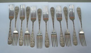 12 Sterling Silver Dinner Forks by James R Armiger Co in Repousse