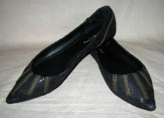 Elizabeth and James Black Lizard Flat Shoes w Zipper Accents Size 9 B