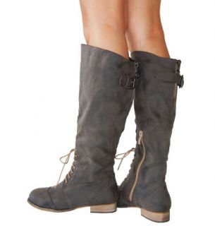  Military Vibe Contrast Tan Lacing up Knee High Flat Boots Brown AllSz