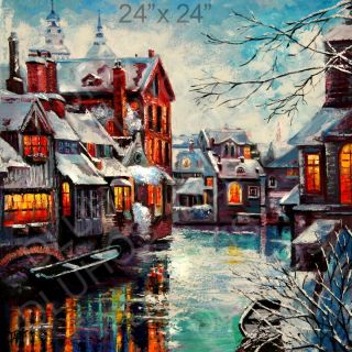 BRUGGE WINTER CANAL SNOW EVENING Original MODERN Knife Oil Paintings