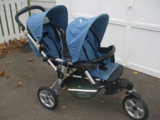 Jane Spain Powertwin Twin Double Tandem Stroller Blue with Rain Shield