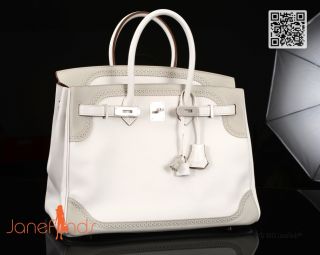 Limited Edition Hermes Birkin Bag 35cm Ghillies White Gris Perle Combo
