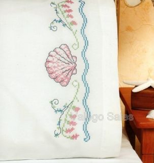 Janlynn Stamped Cross Stitch Kit Pillow Cases Seashells