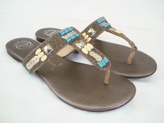 Jeffrey Campbell Taupe w Turquoise Beaded Thong Sandal Shoe Sz 7M