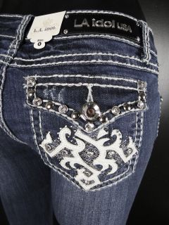 Womens La Idol Bootcut Jeans Diamond Leather Pockets Crystals 1005LP