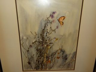 Richard Jerzy watercolor painting butterfly and wild flowers 1970