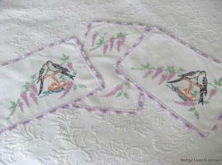 ViNtAgE Embroidered LOVEBIRDS & LILACS or Wisteria LAVENDER CROCHET 3